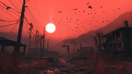 Desolate town sunset apocalyptic scene