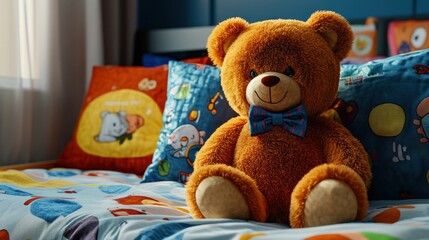 Plush teddy bear on children s bedding