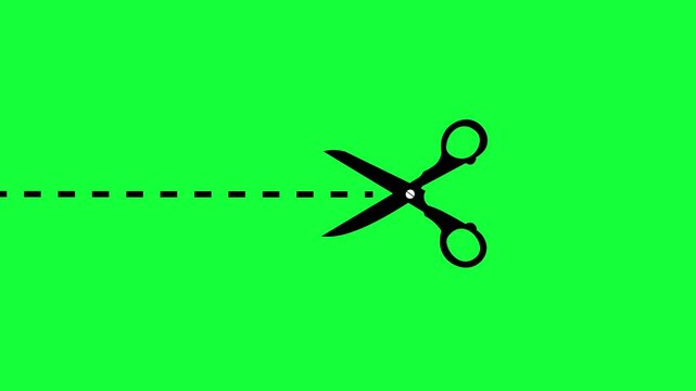 Scissors cutting icon, broken line, line to cut, paper cutting with simple background animation design. green screen viedo 4k