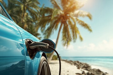 blue electric car charging on a tropical beach
