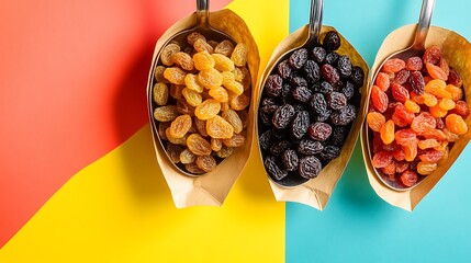 Golden, dark and red raisins displayed on colorful background, a sweet and healthy dried fruit concept