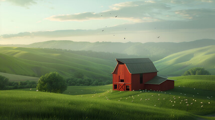 A scenic view of a red barn nestled in a lush green landscape with rolling hills and a hazy sky above