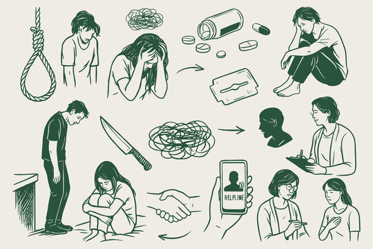 Mental health awareness depiction featuring suicidal thoughts and seeking helpline assistance