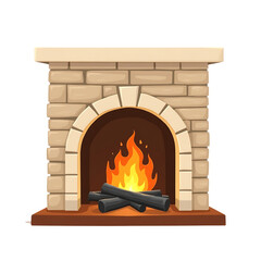 Cozy brick fireplace with burning logs and warm flames isolated on transparent background
