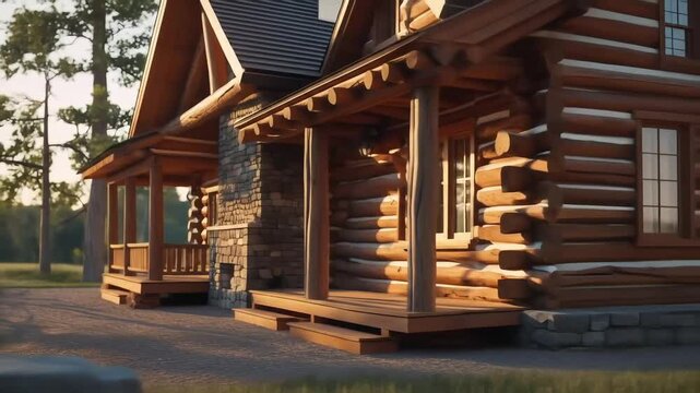 Rustic log cabin exterior with stone chimney in forest setting, cozy wooden architecture at golden hour, peaceful countryside retreat, 3D cinematic animation


