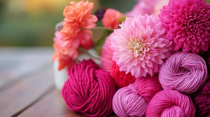 Vibrant dahlias and wool yarn create a cozy, colorful composition for a crafting or springtime themed project.