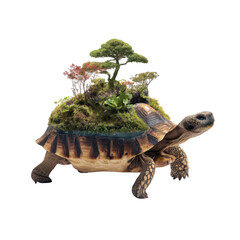 Tortoise with bonsai tree isolated on transparent background.