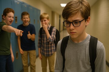 Upset boy with glasses stands alone as classmates laugh and point at her in a school hallway, showing bullying and exclusion.