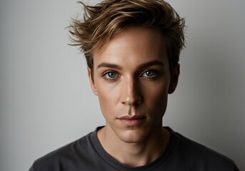A close-up portrait of a non-binary individual with natural makeup, confident expression, neutral background, high-contrast lighting