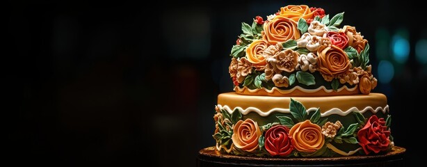 Obraz premium Elegant Floral Cake with Intricate Decorations and Vibrant Colors