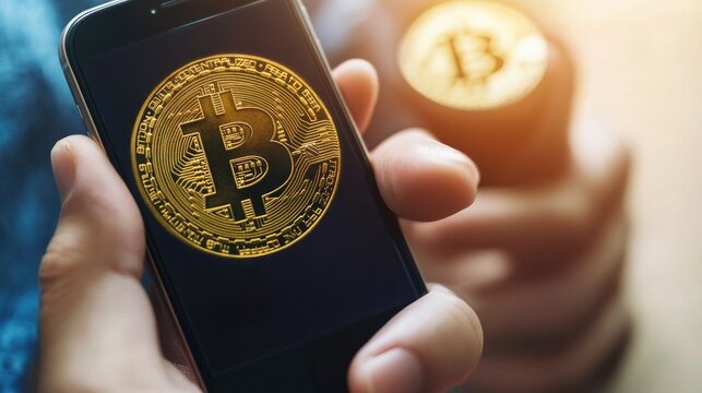 Cryptocurrency investment, Bitcoin on mobile phone screen showcases the modern digital finance and blockchain technology