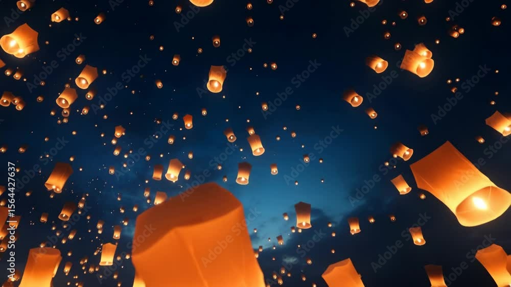 Poster a mesmerizing video of glowing lanterns floating against a twilight sky, captured from a low-angle, 