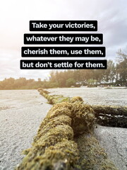 Inspirational life quote on blurry background. Take your victories, whatever they may be, cherish...