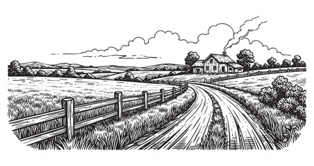 Rural Farm Landscape Engraving Vector Illustration