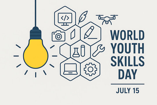 Dynamic design for world youth skills day on july 15, featuring a lightbulb and hexagons with diverse skill icons