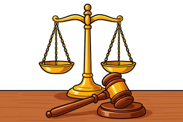 World day for international criminal justice an illustrated representation of justice with classic scales and a gavel on a wooden surface