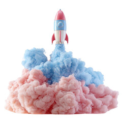 Rocket with blue and pink clouds isolated on transparent background. 3d illustration.