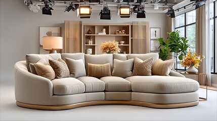 Interior room with spotlighted curved white sofa setup high resolution image