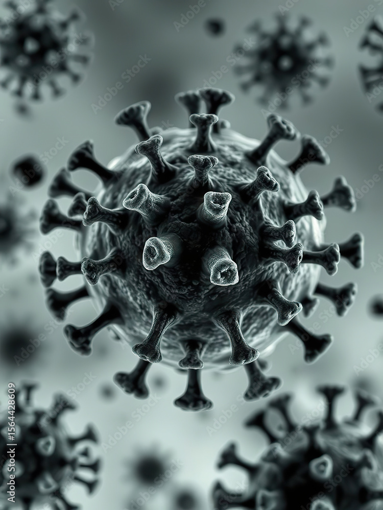 Aufkleber close up 3d illustration of virus particle with spiky surface, representing microscopic view of path