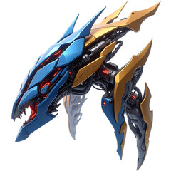 Futuristic robotic dragon creature with blue and gold armor and glowing red eyes isolated on transparent background