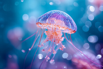 A mesmerizing jellysfish, glowing with bioluminescence, drifts gracefully in the tranquil blue and purple depths of the ocean