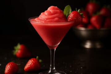 An elegant frozen strawberry daiquiri garnished with fresh mint and a whole strawberry in a martini glass national daiquiri day