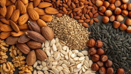 Obraz premium A colorful assortment of various seeds and nuts - showcasing natural textures, healthy snacking, and the richness of plant-based nutrition. Suitable for marketing or business purposes