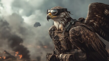 Eagle in military gear on battlefield