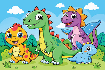 Obraz premium Adorable Cartoon Dinosaurs Playing in a Sunny Meadow