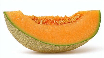 A vibrant cantaloupe slice displays its orange flesh and seeds, isolated against white