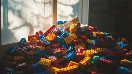 Colorful plastic building blocks pile