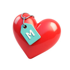 Red heart with a teal tag and letter m isolated on transparent background