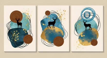 Abstract deer art print set, modern wall decor, minimalist animal painting, home decoration idea