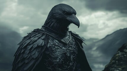 Raven in armor dramatic landscape