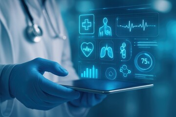 Digital Healthcare: A doctor in blue gloves uses a tablet displaying vital signs, heart rate, and other medical data, representing the digital transformation of healthcare.
