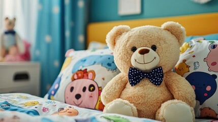 Teddy bear sitting on colorful bedding