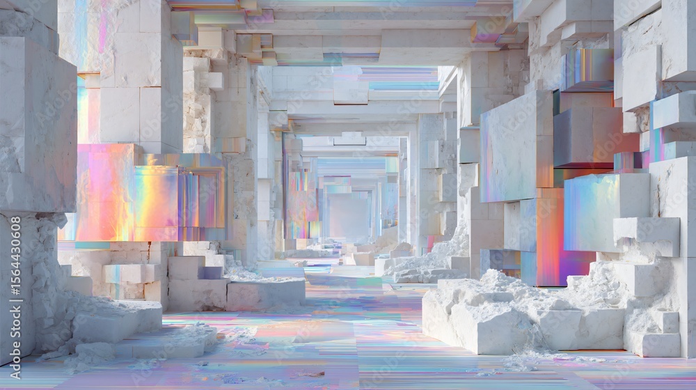 Poster abstract geometric architecture with glitch effect, featuring white blocks and vibrant color