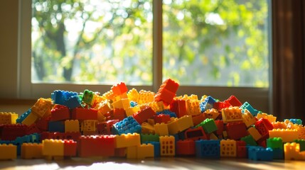 Colorful plastic building blocks pile
