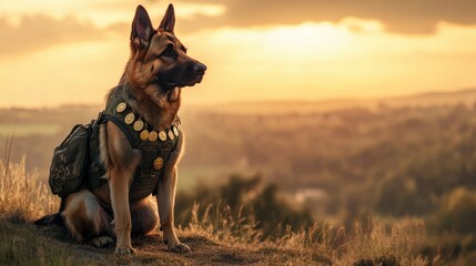 German shepherd dog with military gear