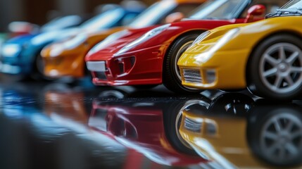 Colorful toy cars reflecting on dark surface