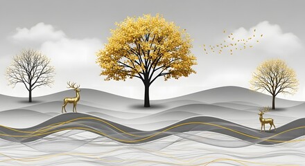 Deer tree landscape golden nature art design illustration background wallpaper scenery drawing