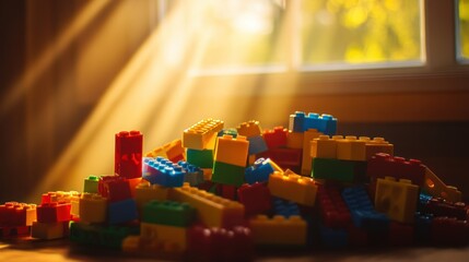 Colorful building blocks pile sunlight