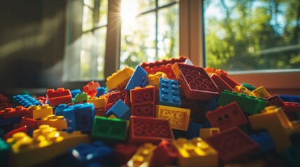Colorful building blocks pile closeup