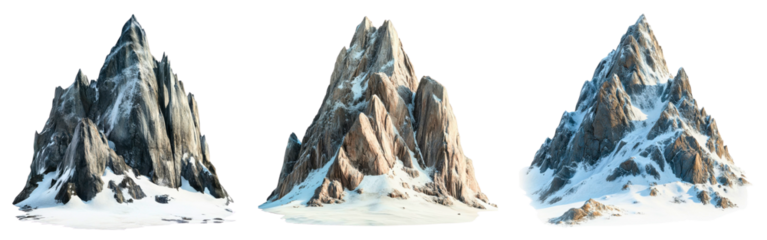 Set of mountains with jagged cliffs and snowy patches isolated on a white or transparent background