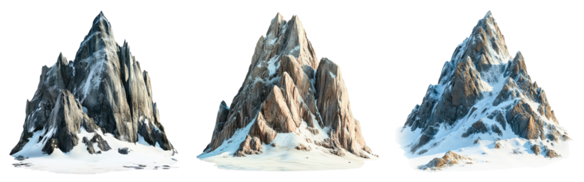 Set of mountains with jagged cliffs and snowy patches isolated on a white or transparent background