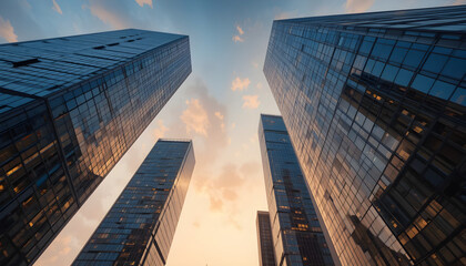 Worm's eye view of tall glass skyscrapers against a sky with clouds at sunset time