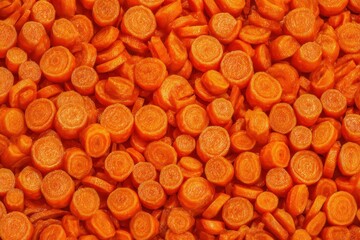 Fototapeta premium Bright Orange Carrot Slices Pile, Round Carrot Pieces Background, Vibrant Vegetable Detail