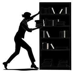 Woman Silhouette Placing Books on Bookshelf Black and White