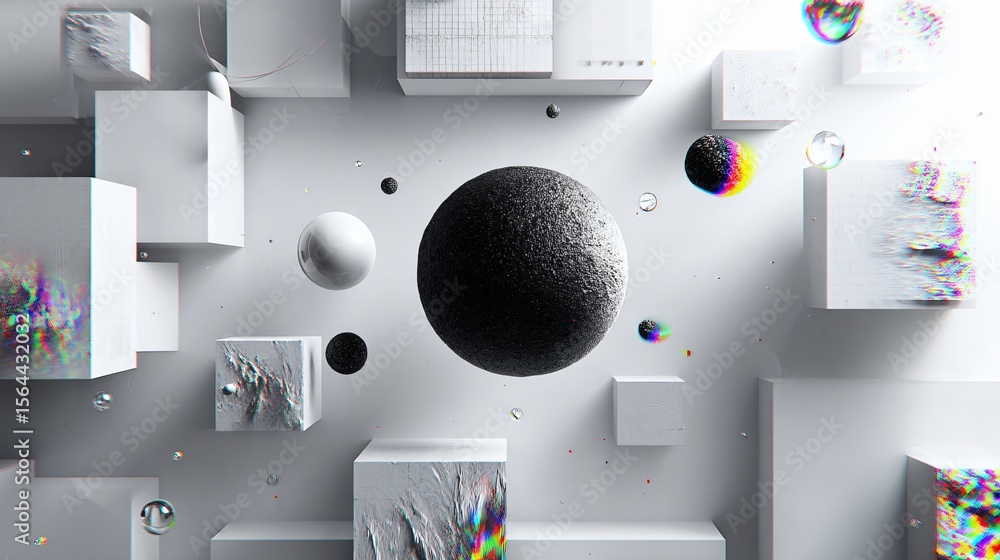 Poster surreal digital composition of geometric forms in white space with glitch art effects and subtle