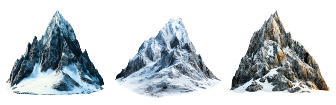 Collection of jagged mountain cliffs with snow and ice formations isolated on a white or transparent background